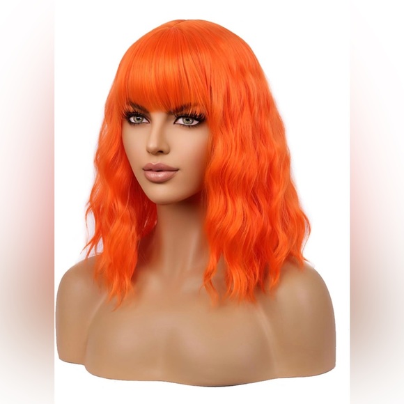 NEW: Bright Orange Synthetic Wig with Bangs - Picture 1 of 8